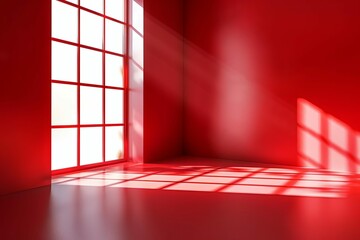 Red studio background with window light reflection, empty room display for product placement, holiday banner