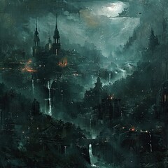 a dark, atmospheric fantasy cityscape, suitable for use as a backdrop in a video game or as inspiration for a science fiction novel.