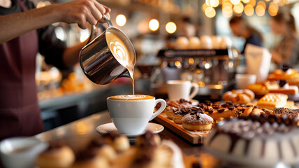 A modern coffee shop scene with a barista pouring latte art, surrounded by assorted pastries and a...