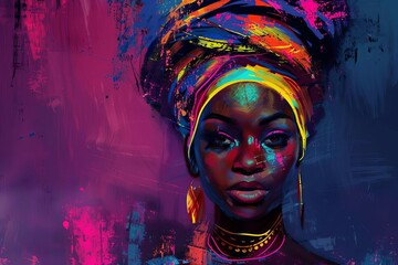 Modern abstract portrait of black woman with colorful turban, African culture, digital painting - obrazy, fototapety, plakaty