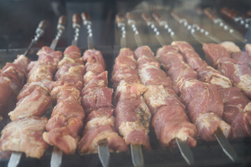 barbecue on skewers, raw meat