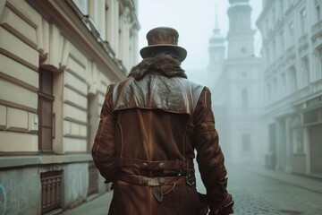 Steampunk man walking in foggy city, brown leather coat and top hat, mysterious atmosphere