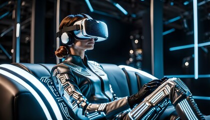 Young woman dressed with futuristic clothing and gloves experiencing futuristic virtual reality glasses seated on a living room sofa. Generative Ai
