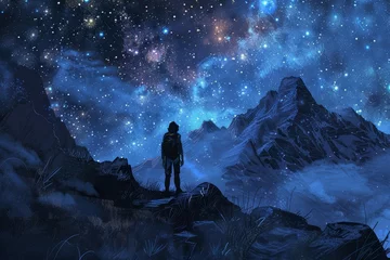 Foto op Canvas Adventurer under starry night sky, epic outdoor exploration, digital painting concept © Lucija