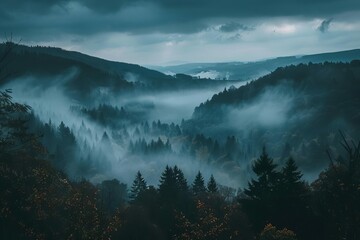 Mystical rising fog in Black Forest, Germany, dark moody landscape panorama, atmospheric scene - obrazy, fototapety, plakaty