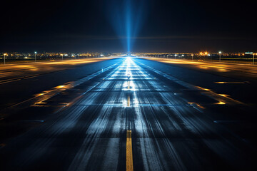 Bright neon headlights on the runway at night. Generated by artificial intelligence