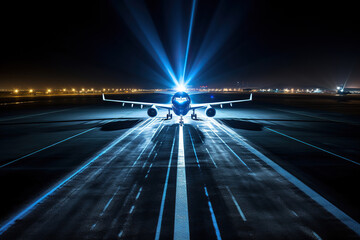 Silhouette of an airplane on the runway at night in bright blue rays of light. Generative ai