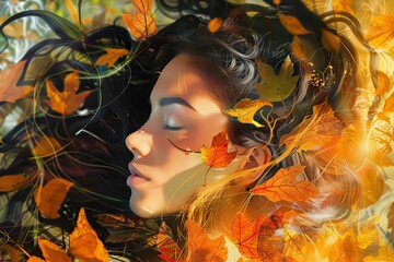 Sensual woman in euphoric trance, surrounded by swirling autumn leaves, experiencing spiritual awakening and divine ecstasy, conceptual digital painting