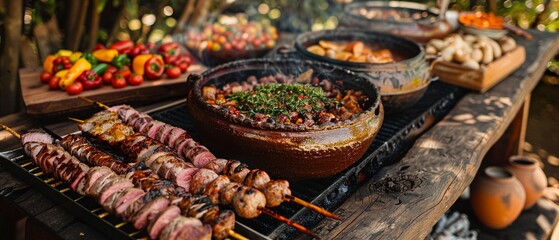 An outdoor churrasco party setting, with a rustic wood-fired grill loaded with various meats, next to a colorful table spread including a clay pot of feijoada.