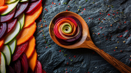 A widescreen image featuring a wooden spoon on a dark stone surface, encircled by a spiral of colorful vegetable slices,  - obrazy, fototapety, plakaty