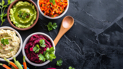 A widescreen presentation of a wooden spoon next to bowls of vibrant dips like guacamole, hummus,...