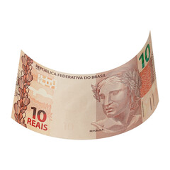 Flying 3D Brazilian 10 Reais Currency Notes with Transparent Background