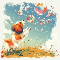 A vibrant design featuring a dog chasing bubbles in a grassy meadow, with colorful bubbles floating in the air against a summer sky, Vector, Cartoon , T - shirt design