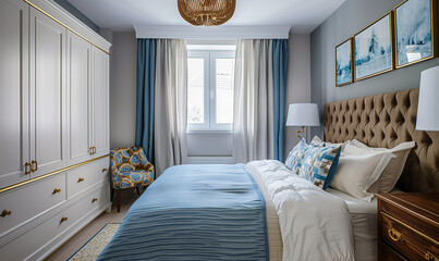 Traditional beige and blue bedroom interior with big headboard