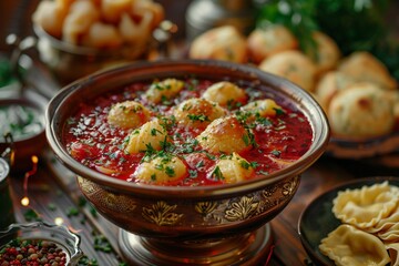 An intimate rustic setting featuring close-ups of rich, ruby-red borscht, freshly boiled pelmeni dusted with herbs, and golden blini rolled up with fillings.
