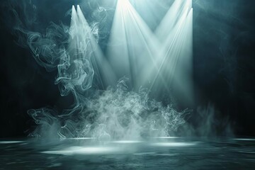 Dramatic stage with white smoke and spotlight, creating a captivating and theatrical atmosphere, digital illustration - obrazy, fototapety, plakaty