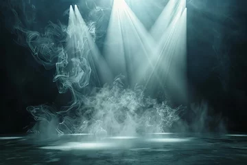 Fotobehang Dramatic stage with white smoke and spotlight, creating a captivating and theatrical atmosphere, digital illustration © Lucija