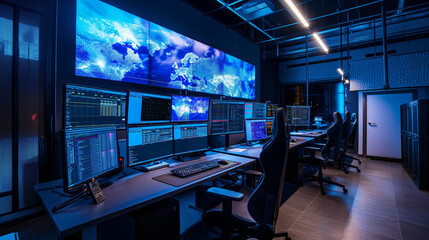 Advanced Security Operations Center, Multiple Computer Screens, High-Tech Network Monitoring