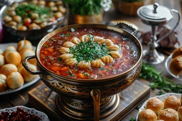 An intimate rustic setting featuring close-ups of rich, ruby-red borscht, freshly boiled pelmeni dusted with herbs, and golden blini rolled up with fillings.