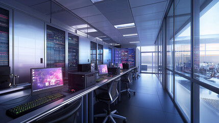 Network Operations Center with Panoramic Views, Server Data Analysis, Modern Office