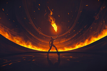 In the arena's center stands a silhouette of a man, his hand grasping a lighted torch.