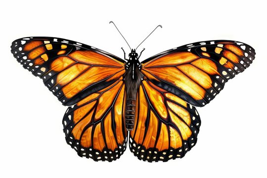 Majestic Monarch Butterfly (Danaus plexippus) with vibrant orange wings and black veins, isolated on white background, digital painting