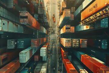 Aerial view of stacked cargo containers in a bustling seaport terminal, representing global trade and logistics, digital illustration - obrazy, fototapety, plakaty