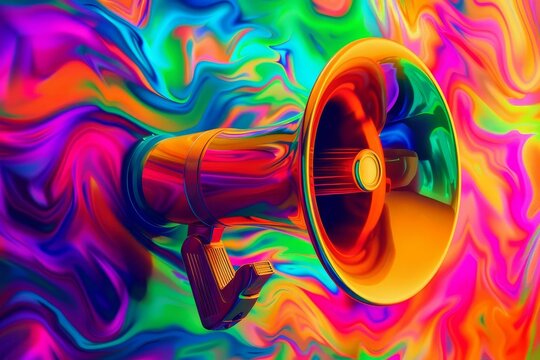 Eye-catching megaphone on vibrant colorful background, symbolizing effective marketing and advertising strategies, digital art