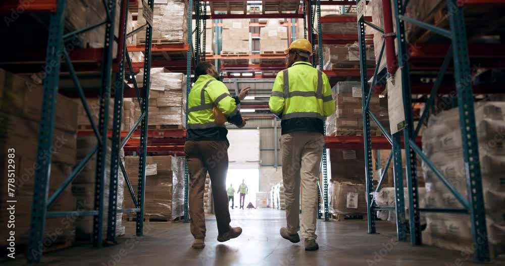 Poster Distribution, logistics and supply chain with factory team walking together to check stock or storage. Delivery, product and shelves with warehouse collaboration of men in plant for inspection