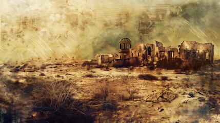 Fototapeta na wymiar Weathered desert landscape with abandoned structures. Brown and Green tones. Grunge style illustration