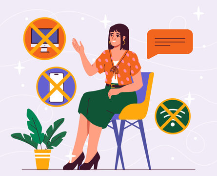 No Gadgets Concept. Woman Sitting At Chair With Crossed Icons Of Smartphones And Camera, Wi Fi. Young Girl With Digital Detox. Cartoon Flat Vector Illustration Isolated On Violet Background