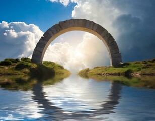 Mysterious arch of clouds over water, portal to heaven or afterlife - obrazy, fototapety, plakaty