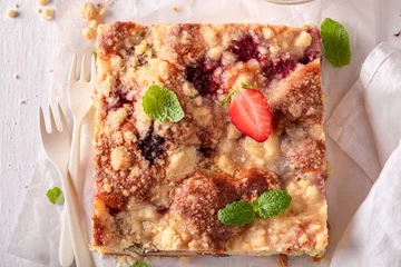 Kissenbezug Sweet and delicious strawberry yeast cake as spring dessert. © shaiith