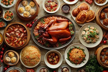 A vibrant, overhead shot of a feast with Peking duck at the center, surrounded by baskets of dim sum and a large serving of fried rice, set on a richly decorated traditional Chinese tablecloth.
