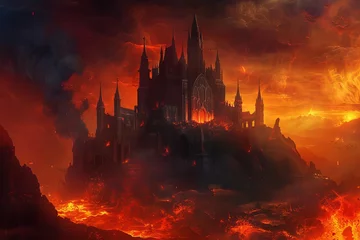 Fotobehang Ominous demon castle in fiery hell landscape, dark fantasy concept illustration © Lucija