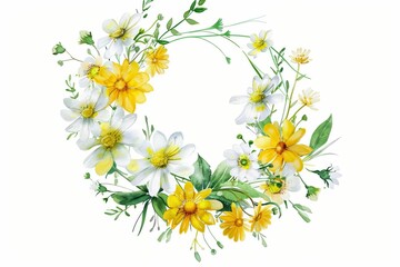 Delicate watercolor wreath of yellow and white meadow flowers, summer floral illustration - obrazy, fototapety, plakaty