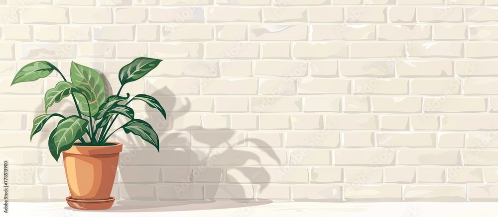 Canvas Prints A houseplant in a flowerpot sits against a white brick wall, adding a touch of greenery to the rectangular building exterior