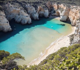 A beautiful beach with clear blue water and rock formations in the background.