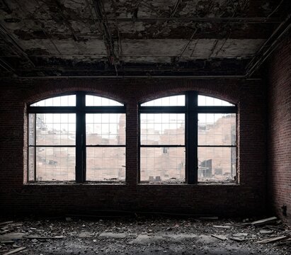 An image of an old, abandoned building with large windows on either side of the room.