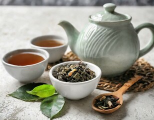 Teapot with cups, bowl of dry tea and leaves on white grunge background 