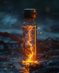 An anticarcinogenic serum, represented as a vial of glowing liquid, a beacon of hope in a polluted world 