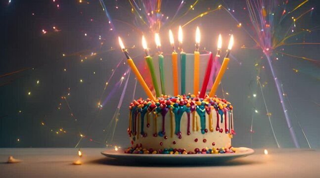 Colorful celebration birthday cake with colorful birthday candles and sparklers against a blue background