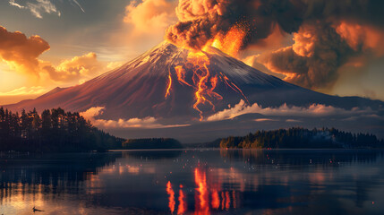 Stunning Spectacle of Mighty Mount Fuji's Fiery Eruption Amid Serene Scenic Setting