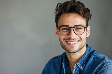  Handsome young man with glasses, blue shirt, friendly smile, professional headshot photography - obrazy, fototapety, plakaty