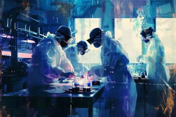 Pioneering Medical Researchers Collaborating in High-Tech Laboratory, Digital Painting - obrazy, fototapety, plakaty