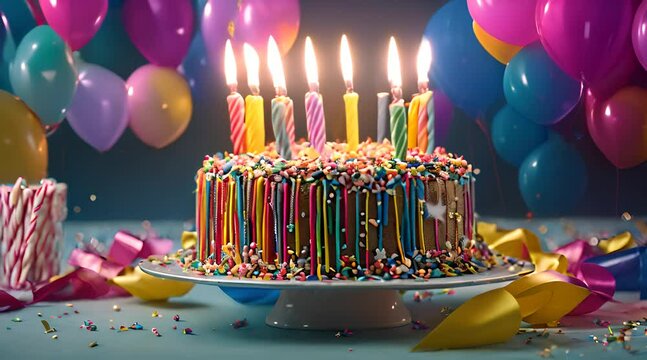 Colorful celebration birthday cake with colorful birthday candles and sparklers against a blue background