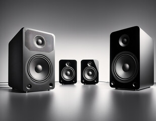 Fototapeta premium A pair of black speakers and two smaller speakers are displayed on a table