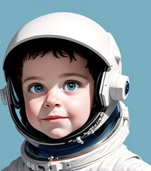 A young boy wearing a spacesuit and helmet, looking up at the camera with a curious expression on his face.