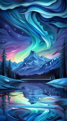 Northern Lights Winter Mountain Snow Night Landscape Paper Cut Phone Wallpaper Background Illustration