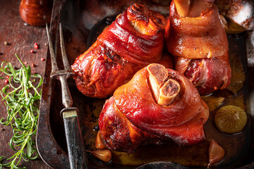 Tasty and grilled Schweinshaxe made with spices. - obrazy, fototapety, plakaty